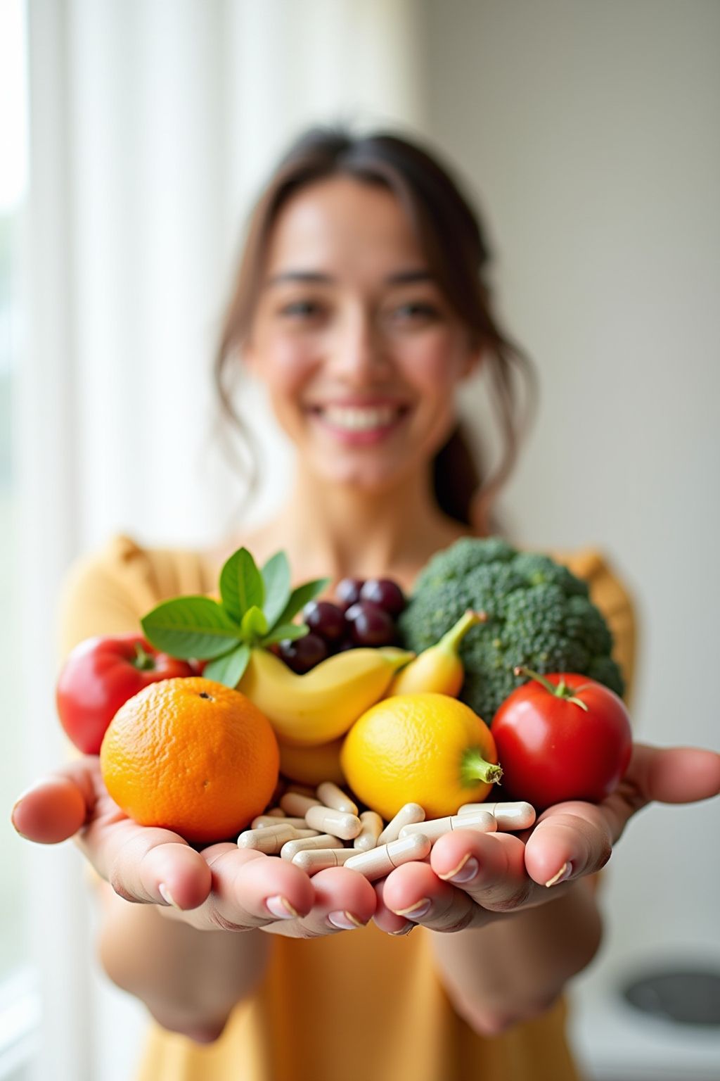 A smiling woman holding a double handful of fresh fruit and vegetables