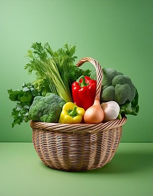 A wicker basket of broccoli, peppers, onions and leafy greens