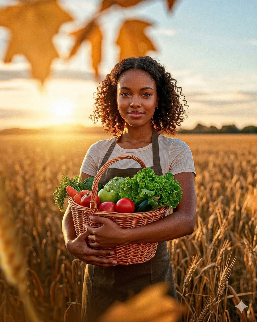 A woman in a wheat field at harvest, holding a basket of vegetables