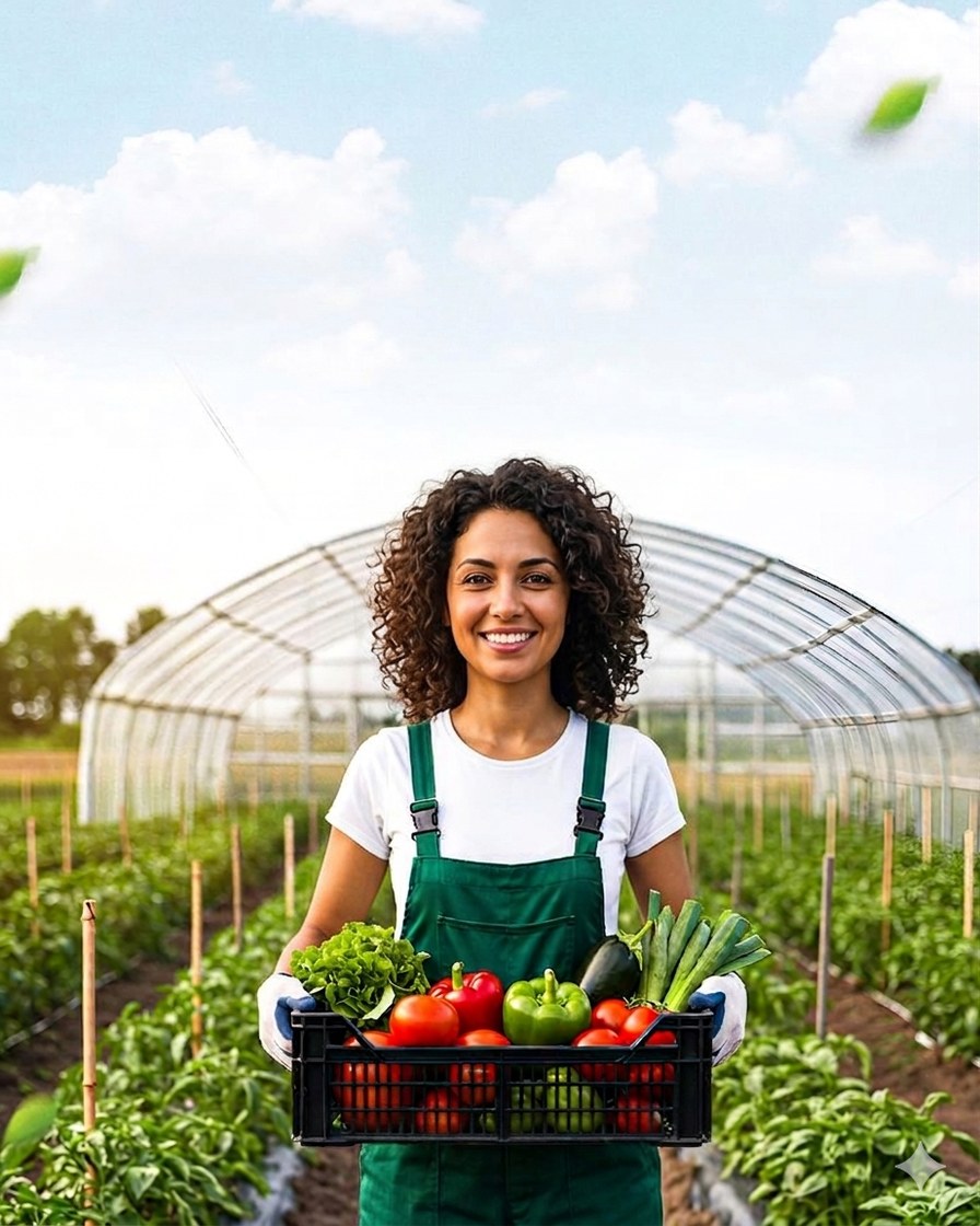 A grower in a greenhouse holding a crate of fresh produce