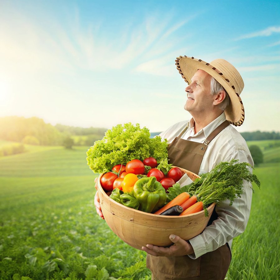 An older farmer in a straw hat holding a bowl of vegetables in a field